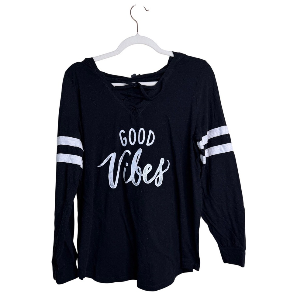 Torrid Womens Black Good Vibes Lace Up V-Neck Hooded Graphic Tee Size 1 L 1X